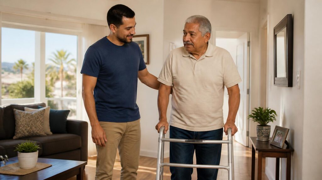 A younger man smiles and supports an older man using a walker in a bright living room with plants and large windows in the background.