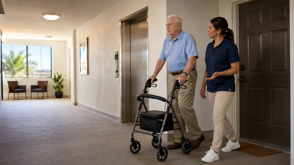 An older man using a walker is assisted by a caregiver as they walk down a well-lit hallway in what appears to be a residential or care facility.