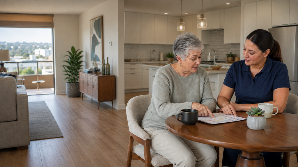 An older woman and a younger woman sit at a round table in a modern kitchen, reviewing a colorful chart together. Both have mugs in front of them and appear to be having a focused conversation.