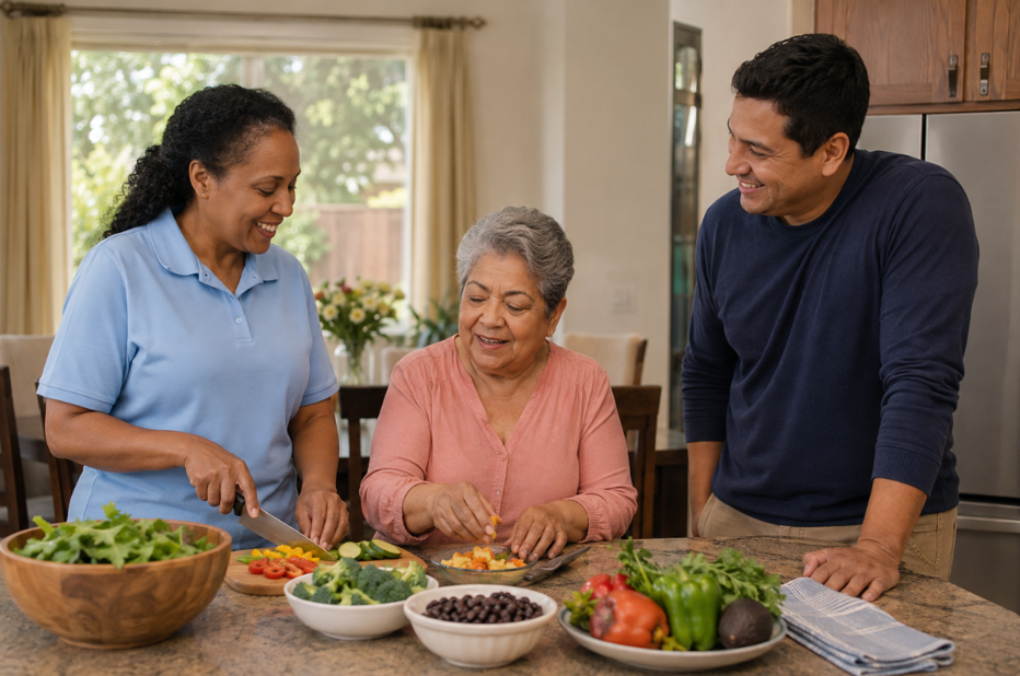 Caregiver helping an older woman prepare a nutritious meal while her son spends time with her at home in Turlock, CA.