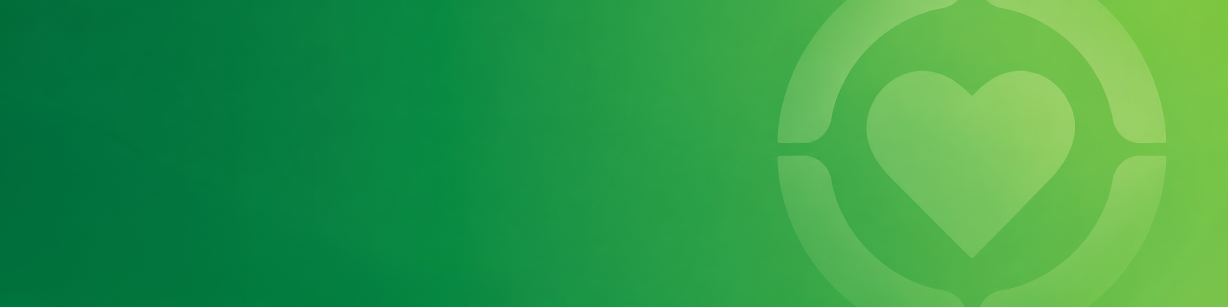 A gradient green background with a stylized heart shape inside a circular design on the right side.