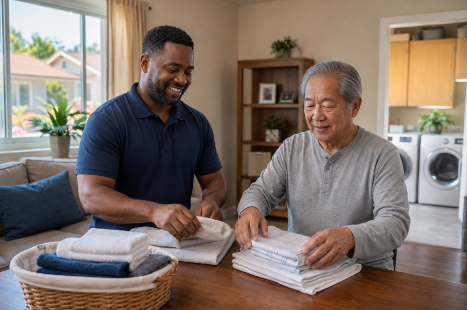 Male caregiver providing homemaker assistance while folding laundry with an older man at home in Modesto, CA.
