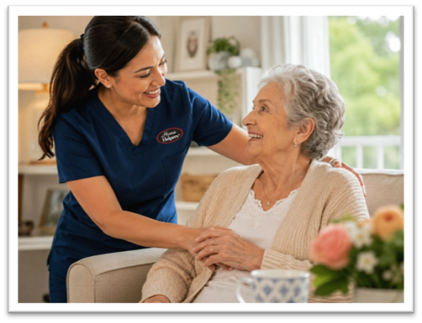 A smiling caregiver in blue scrubs gently touches the shoulder of an elderly woman sitting on a couch. Both are smiling and making eye contact in a cozy, well-lit living room.