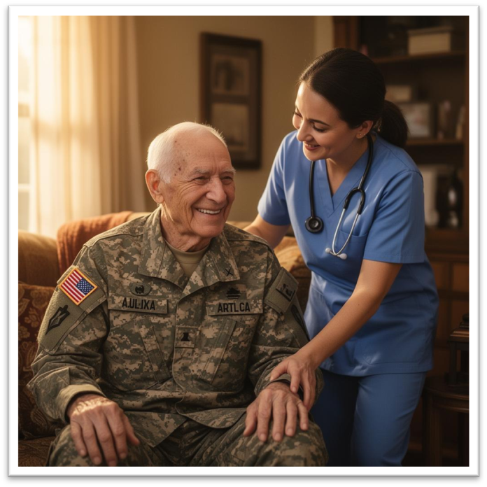 An elderly man in a military uniform smiles while sitting, as a nurse in blue scrubs stands beside him, gently placing a hand on his shoulder in a warmly lit room.