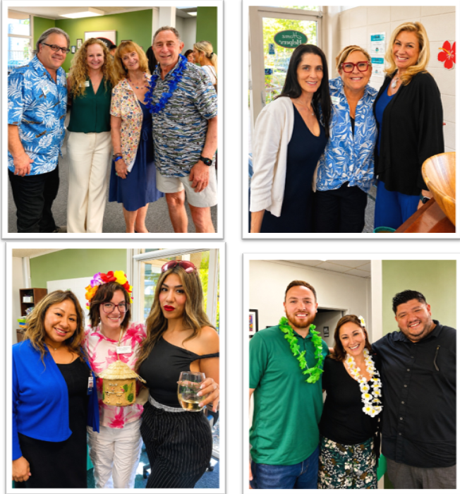 Four photos show small groups of adults at a casual indoor event, wearing leis and holding drinks. The people are smiling, dressed in summery or floral attire, and standing in a bright, cheerful setting.