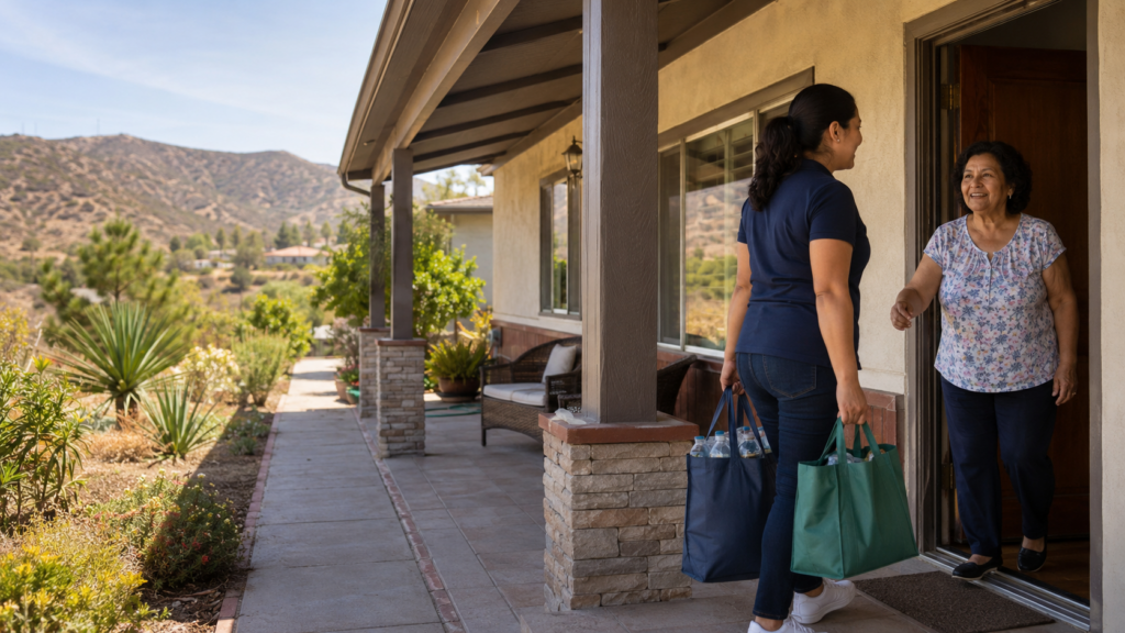 A woman carrying grocery bags greets an older woman at the door of a house with a scenic landscape and mountains in the background.