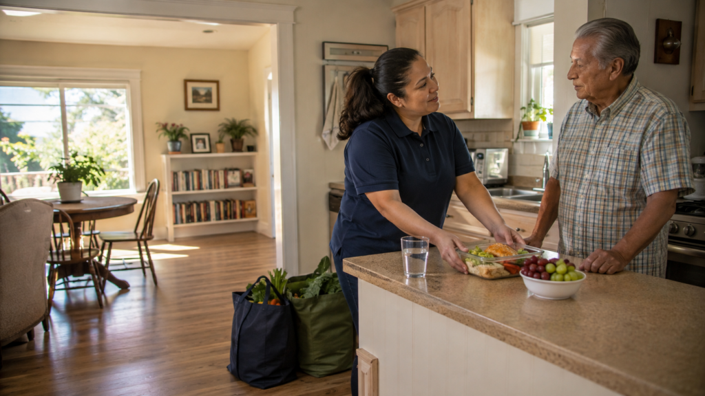 A woman and an older man talk in a kitchen. She prepares food while he listens. Grocery bags with vegetables are on the floor, and a bowl of fruit and a glass of water are on the counter. The dining area is visible in the background.