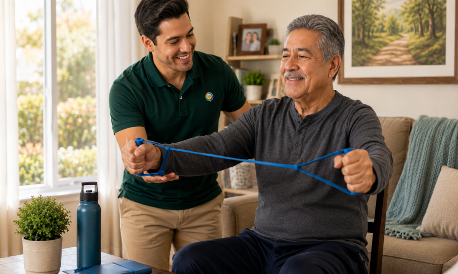 Caregiver supporting a senior with stroke recovery exercises at home in Modesto, CA.