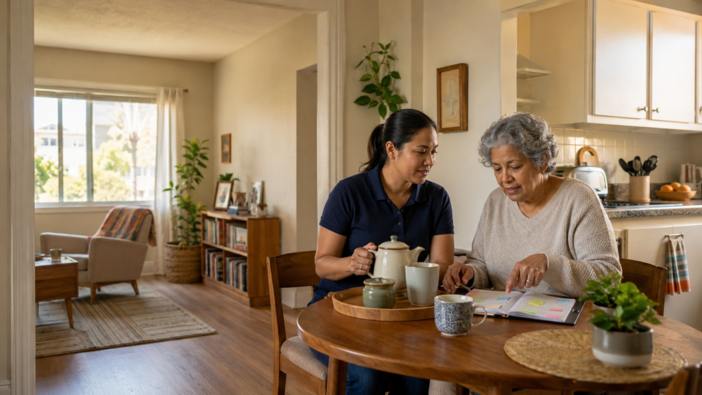 Two women sit at a kitchen table with tea, one holding a teapot and the other pointing at a planner. They are engaged in conversation in a cozy, sunlit home with plants and books in the background.