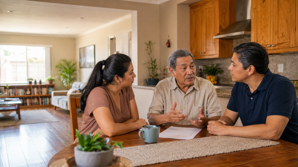 Three people sit around a table in a kitchen, engaged in conversation. Papers and a blue mug are on the table. The atmosphere appears warm and homey, with wooden cabinets and plants in the background.