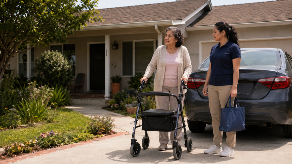 An elderly woman using a walker stands outside a house next to a caregiver holding a blue bag, with a car parked in the driveway behind them.