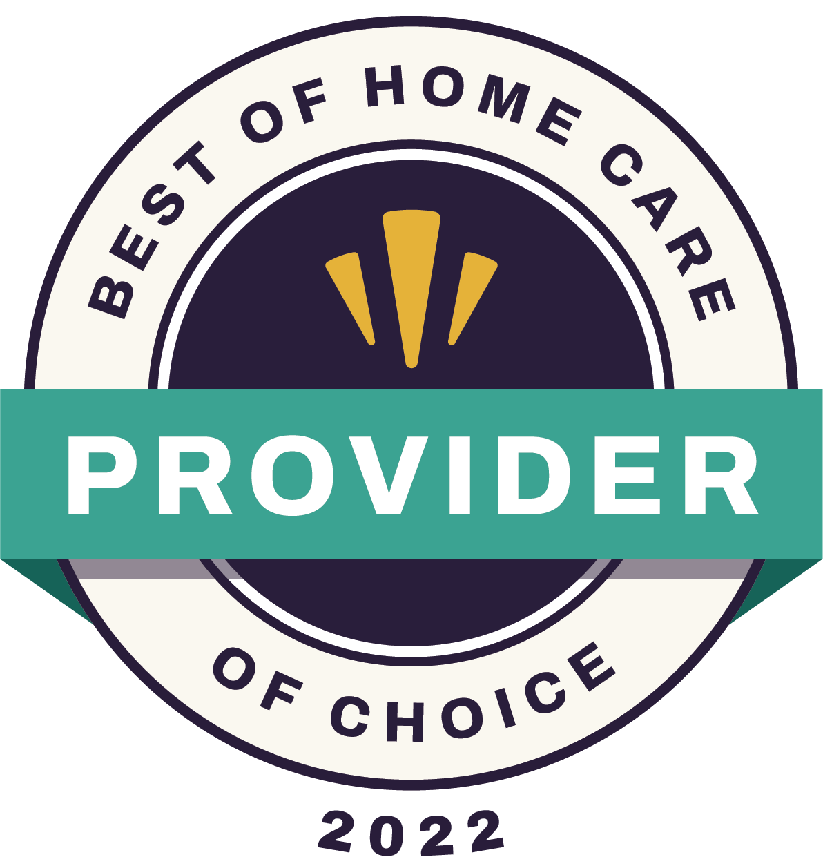 Circular badge with Best of Home Care Provider of Choice 2022 written around it. A teal ribbon labeled PROVIDER crosses the center; yellow shapes are above the text on a dark background.