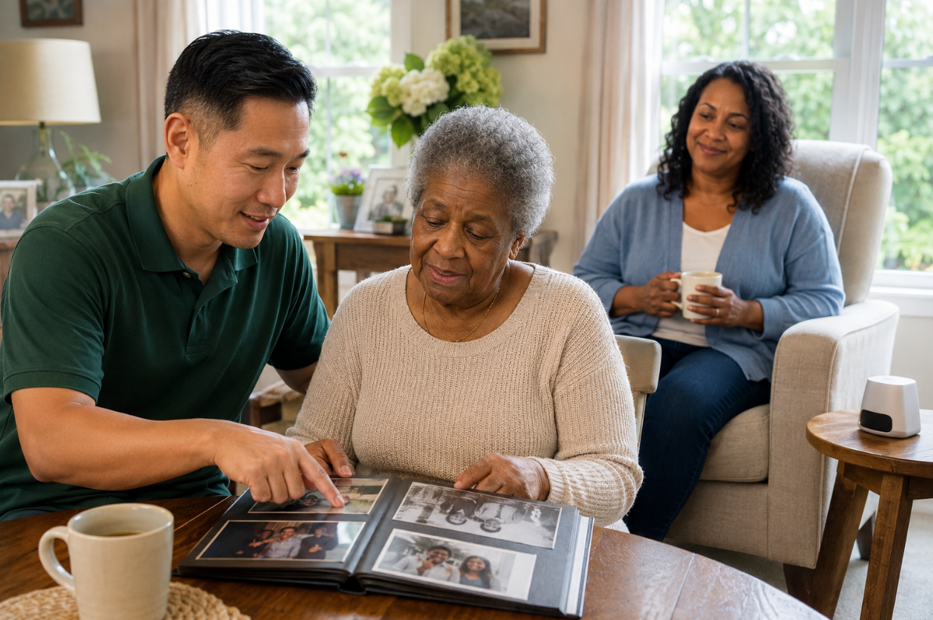 Male caregiver providing memory care while reviewing a family photo album with an older woman as her daughter rests nearby in Stockton, CA.