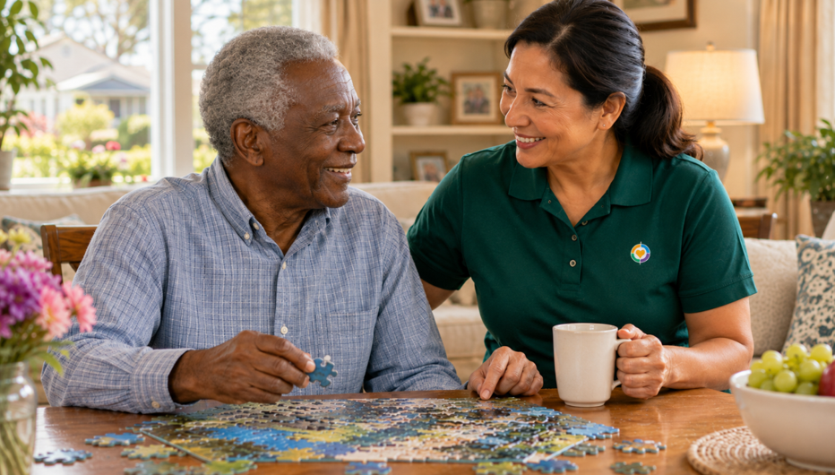 Senior woman and caregiver enjoying a puzzle together at home in Turlock, CA