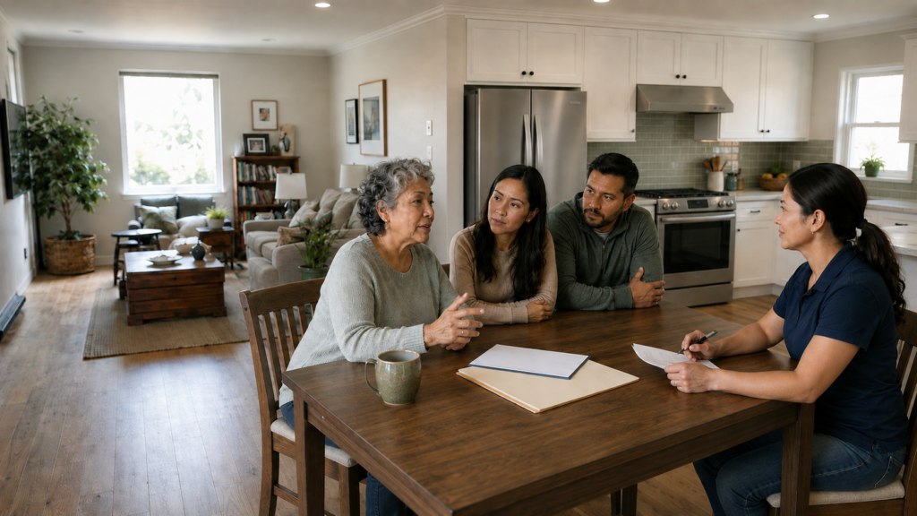 Four adults sit around a dining table in a modern kitchen, engaged in a serious conversation. Papers and a coffee mug are on the table, and the atmosphere appears calm and focused.