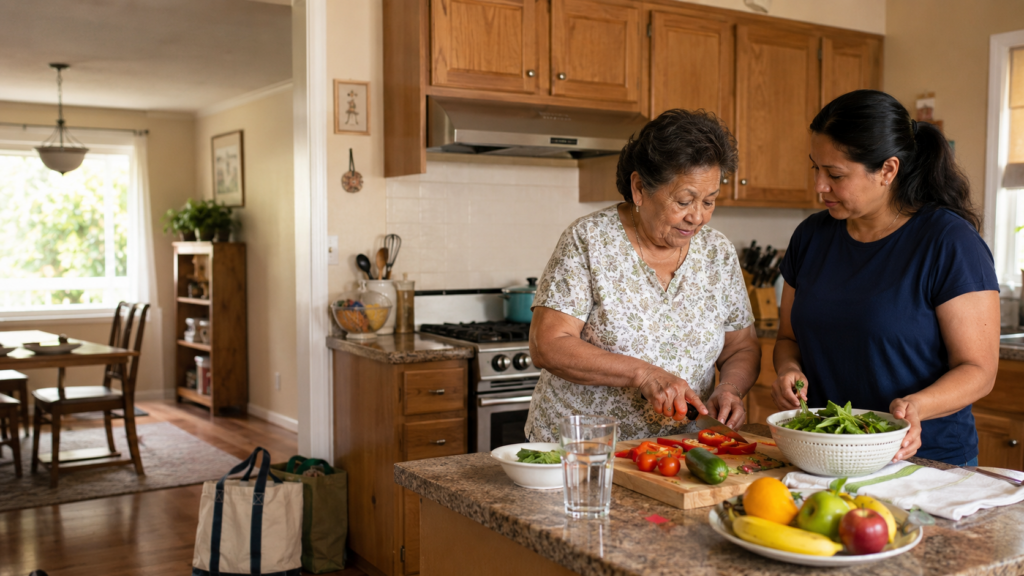Two women prepare food together in a kitchen, slicing tomatoes and washing greens. The kitchen is bright and tidy, with fresh vegetables on the counter and a dining area visible in the background.
