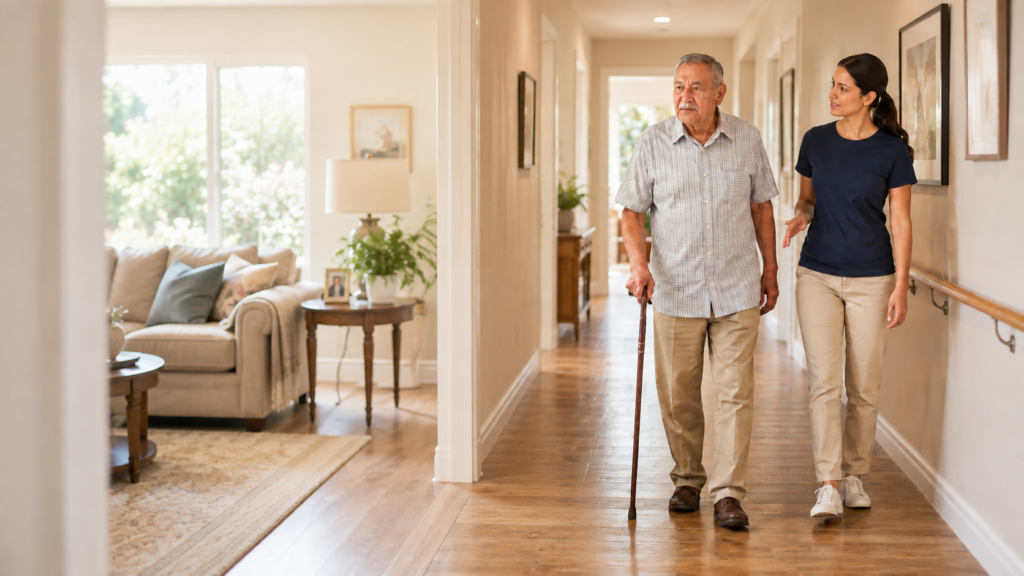 An elderly man using a cane walks down a bright hallway with a caregiver beside him, offering support. The hallway has wooden floors and framed pictures on the walls; a cozy living room is visible in the background.