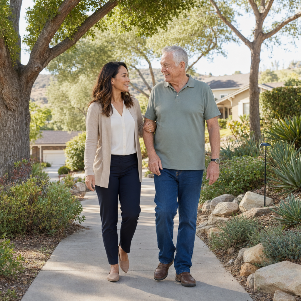 A smiling woman and older man walk arm-in-arm on a garden path, surrounded by trees and greenery, on a sunny day in a suburban neighborhood.