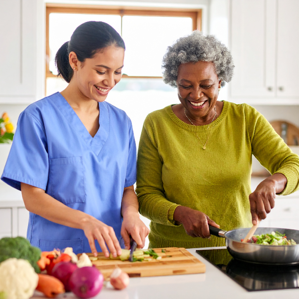 A nurse in scrubs and an older woman cook together in a bright kitchen. The nurse slices vegetables on a cutting board while the woman stirs food in a frying pan. Both are smiling and enjoying the activity.