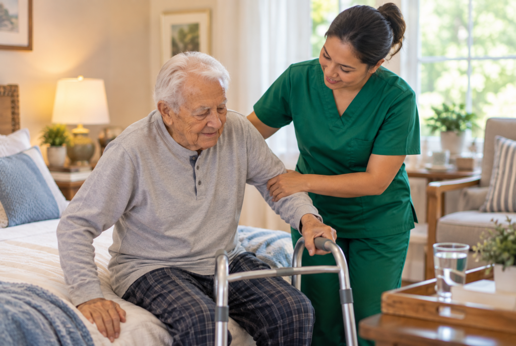 A nurse in green scrubs assists an elderly man using a walker to stand up from a bed in a cozy, well-lit bedroom.