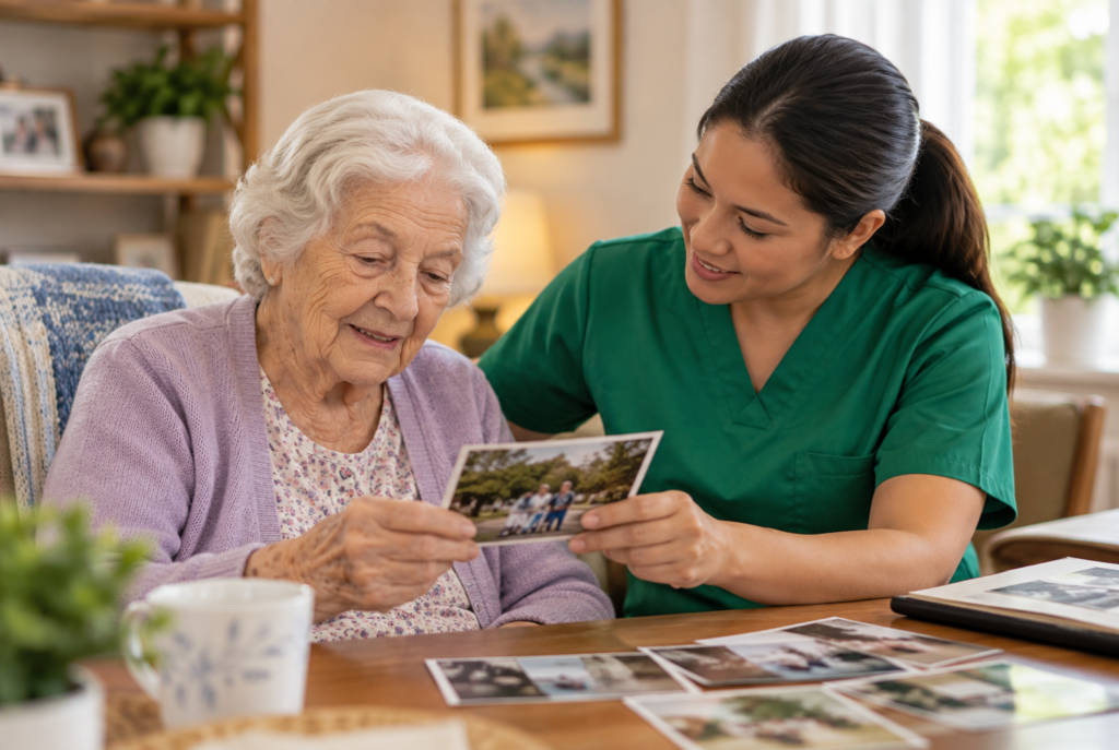 An elderly woman and a caregiver in green scrubs sit at a table, smiling as they look at old photographs together. The mood is warm and friendly, with natural light filling the cozy room.