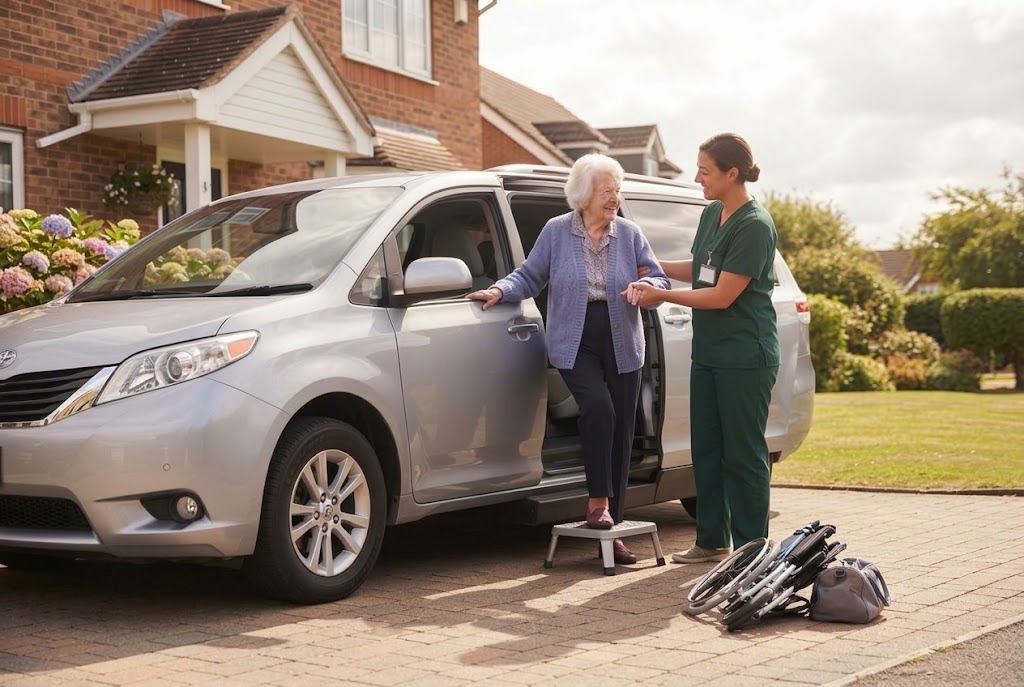 A caregiver assists an elderly woman stepping out of a silver minivan onto a small step stool, with a folded wheelchair nearby.