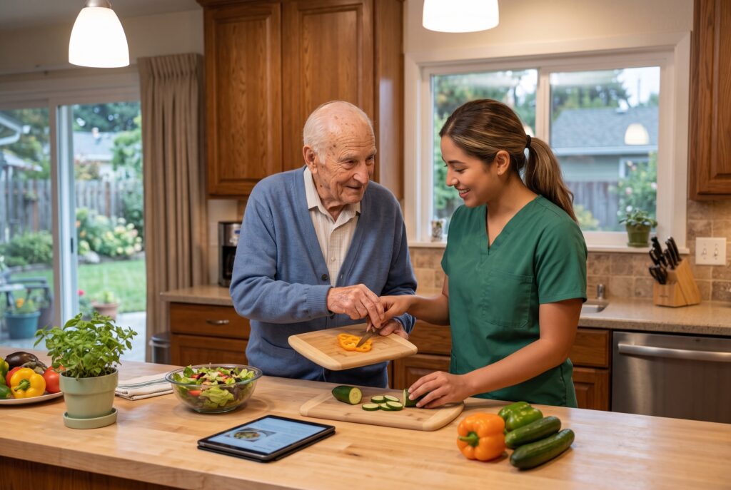 An elderly man and a young caregiver prepare vegetables together in a bright kitchen, smiling as they chop bell peppers and cucumbers on wooden boards.