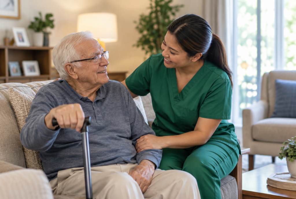 An elderly man with a cane sits on a couch, smiling at a woman in green scrubs beside him. She is holding his arm supportively, and they appear to be having a pleasant conversation in a cozy living room.