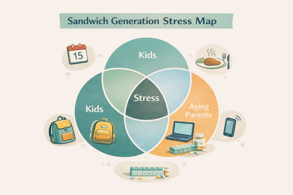 A Venn diagram titled Sandwich Generation Stress Map shows overlapping circles labeled Kids and Aging Parents, with Stress in the center. Icons depict backpacks, food, a laptop, phone, and medications.