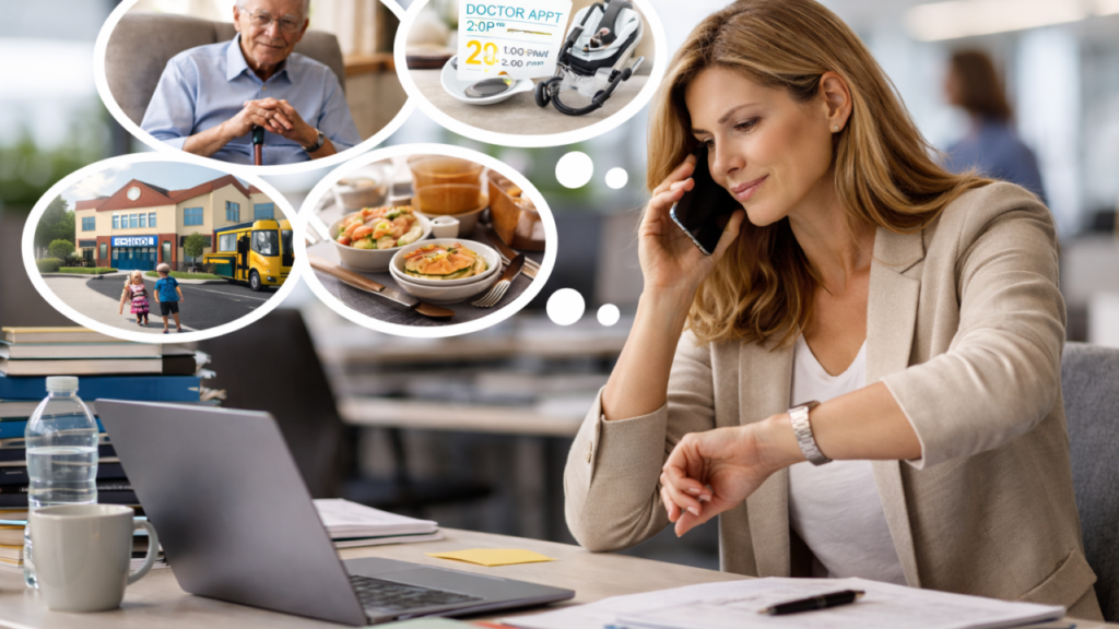 A woman at a desk talks on the phone and checks her watch. Thought bubbles show her thinking about an elderly man, a doctor appointment, a school, and plates of food.