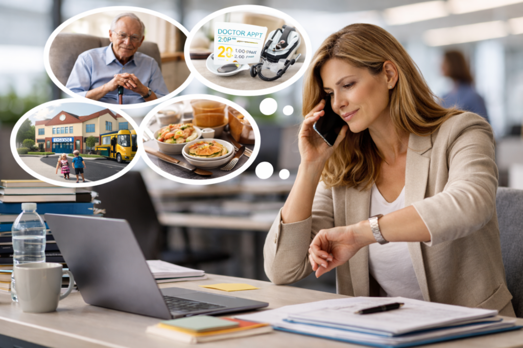 A woman at a desk on the phone checks her watch while thinking about family, a doctors appointment, food, and a school bus, represented in thought bubbles above her.