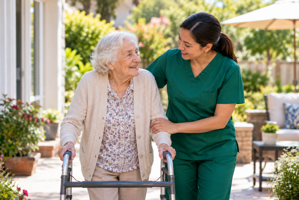 A smiling elderly woman using a walker is assisted by a caregiver in green scrubs outdoors. They are both happy, with the caregiver holding the womans arm for support. Bright, sunny garden background.