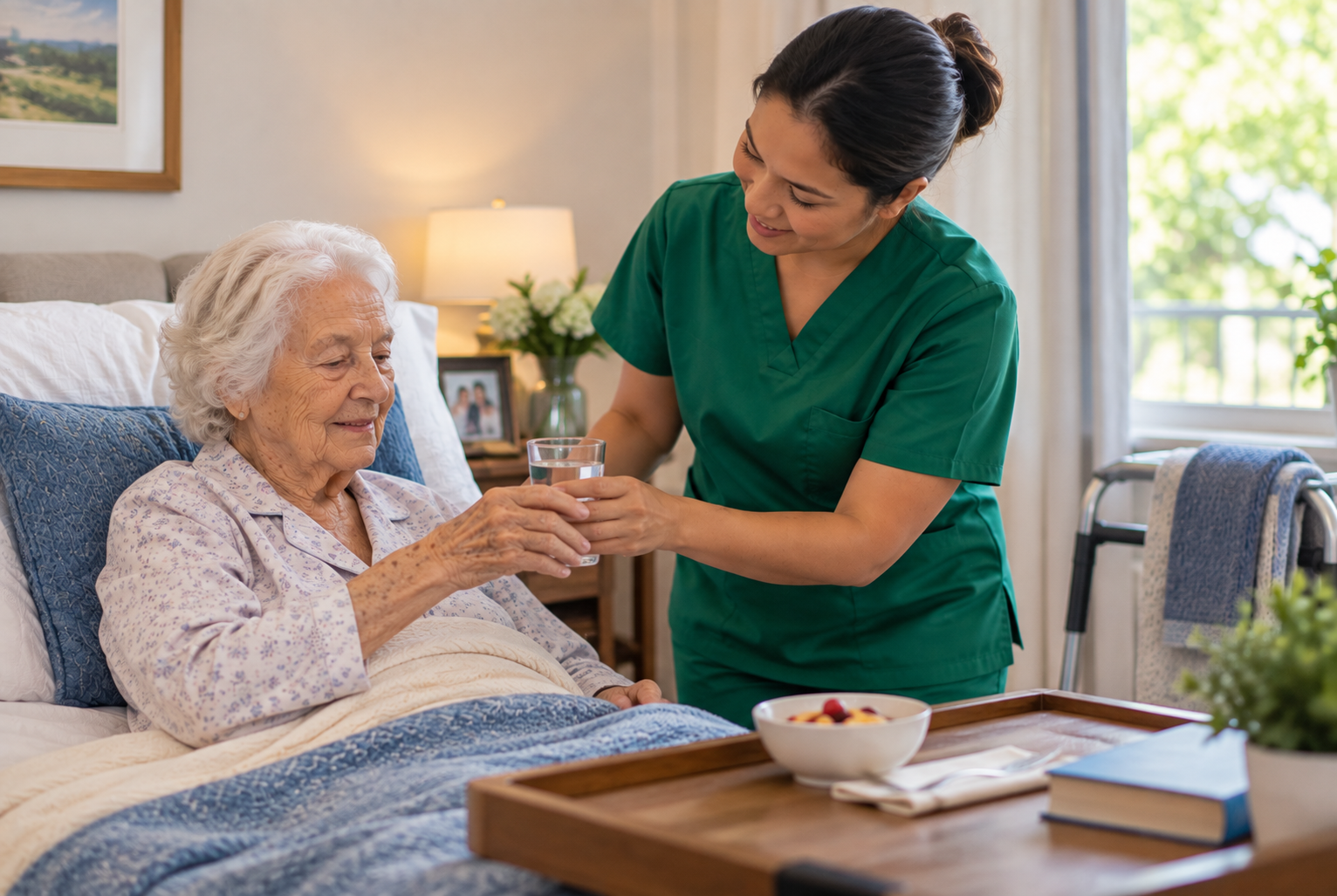 A nurse in green scrubs hands a glass of water to an elderly woman lying in bed, with a breakfast tray in front of her, in a bright, cozy room.