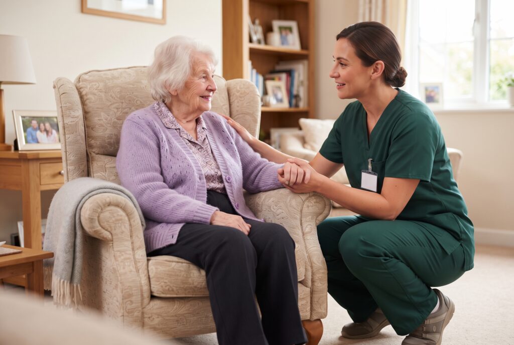 A caregiver in green scrubs kneels beside an elderly woman in a chair, holding her hand and smiling at her.