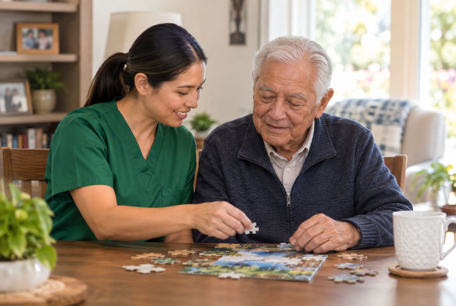A caregiver in green scrubs helps an elderly man assemble a jigsaw puzzle at a table. They are smiling and sitting together in a bright, cozy room with a coffee mug and plants nearby.