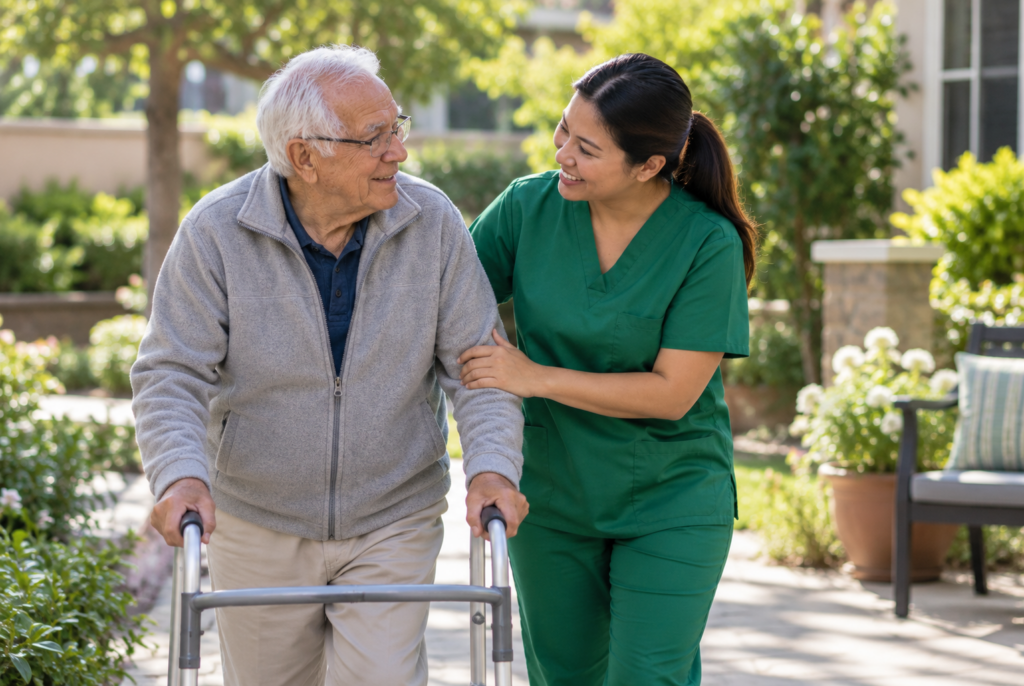An elderly man using a walker smiles at a nurse in green scrubs who supports him as they walk together outdoors in a garden setting.