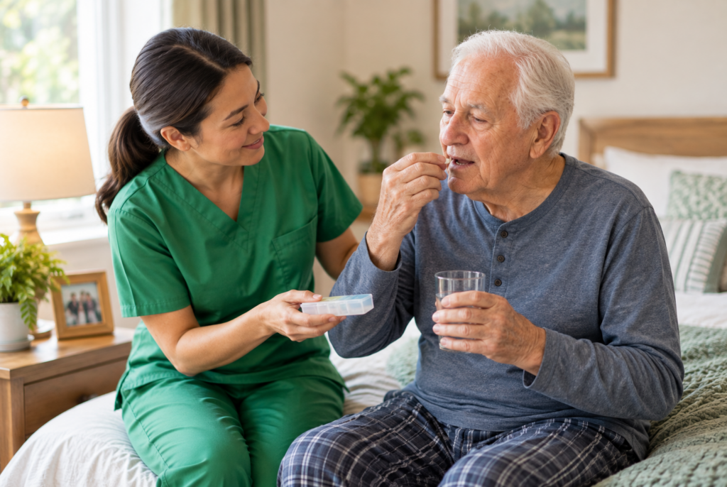 A nurse in green scrubs helps an elderly man take medication, handing him a pill while he holds a glass of water. They are sitting on a bed in a cozy, well-lit room.