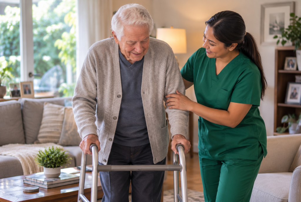 An elderly man using a walker is assisted by a smiling healthcare worker in green scrubs inside a cozy living room.