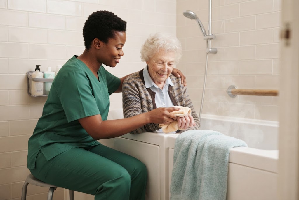 A caregiver in green scrubs assists an elderly woman in a bathroom as she washes her hands over a tub.