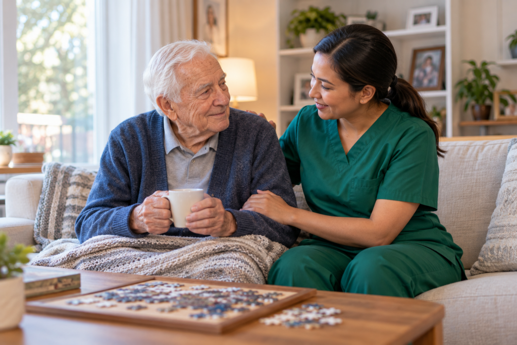 A smiling nurse in green scrubs sits beside an elderly man with a mug, gently touching his arm. They are on a cozy couch, working on a jigsaw puzzle in a warmly lit living room.