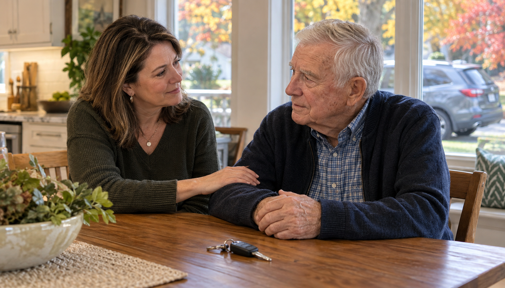 A woman places a hand on the shoulder of an older man as they sit across from each other at a dining table with car keys between them.