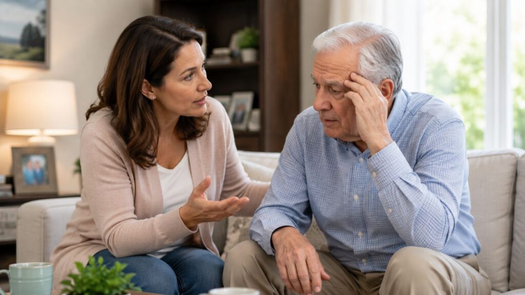 Adult daughter talking with her father about memory loss in Bradenton, FL