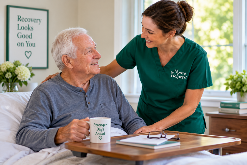 An elderly man in bed smiles at a caregiver in a green Home Helpers uniform. The man holds a mug that says Stronger Days Ahead. A tray with a notebook is in front of him. Flowers and uplifting signs decorate the room.