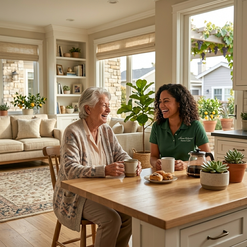 An elderly woman and a younger woman sit at a kitchen island, smiling and enjoying coffee together. The room is bright, with plants, pastries on the table, and sunlight streaming through large windows.