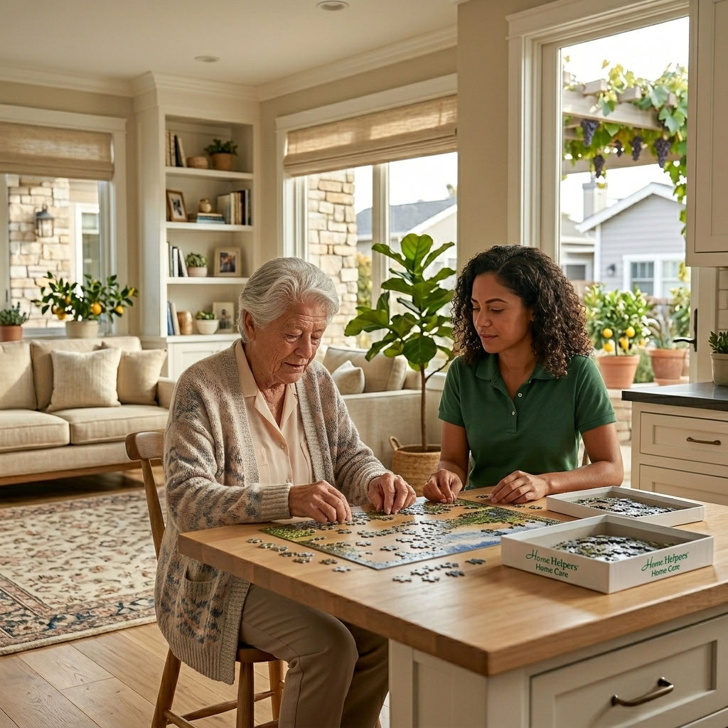 Two women, one elderly and one younger, sit at a kitchen table working on a puzzle together in a bright, cozy home with large windows and houseplants around them.