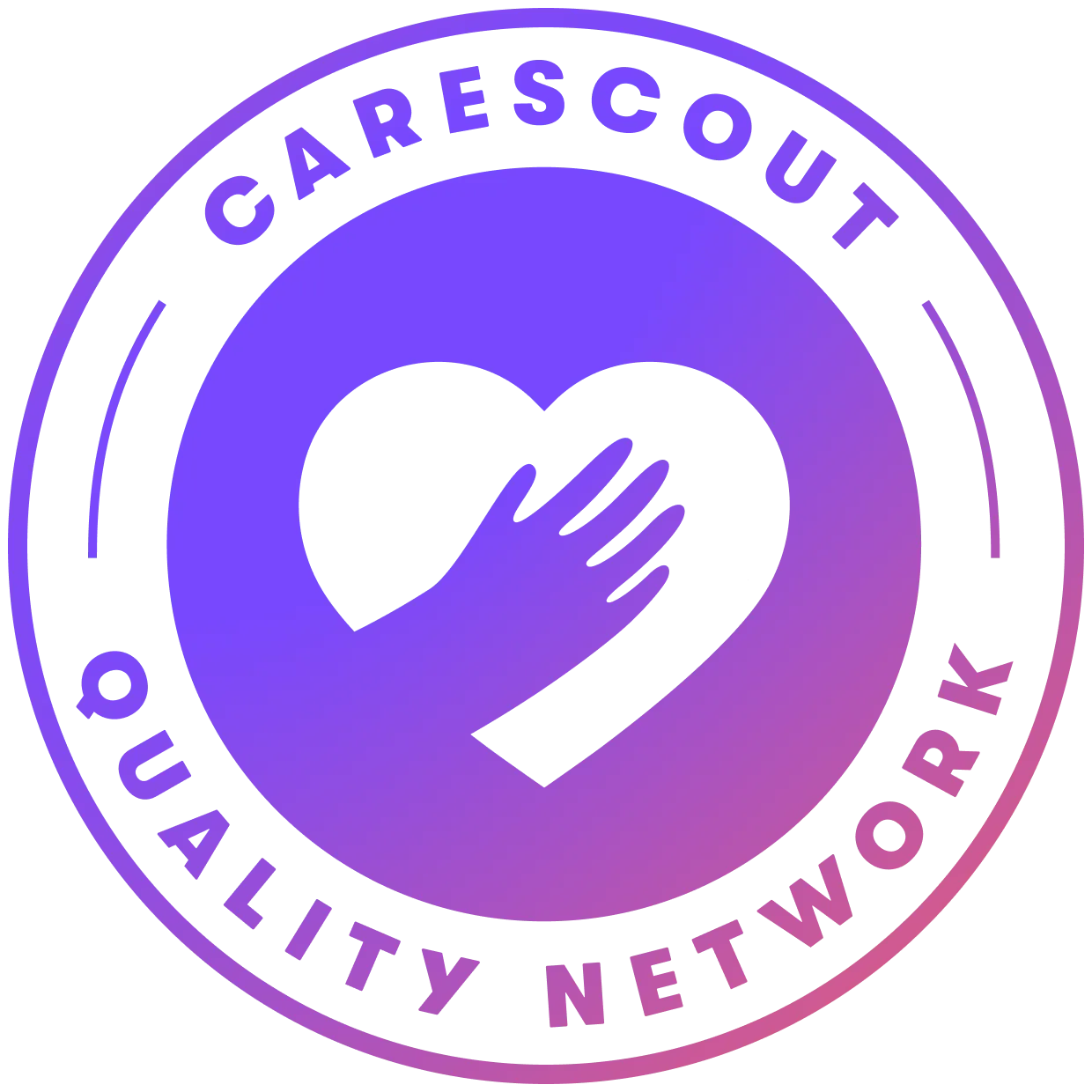 A circular badge with CareScout Quality Network text and a logo of a hand over a heart in the center, shown in a purple-to-pink gradient.
