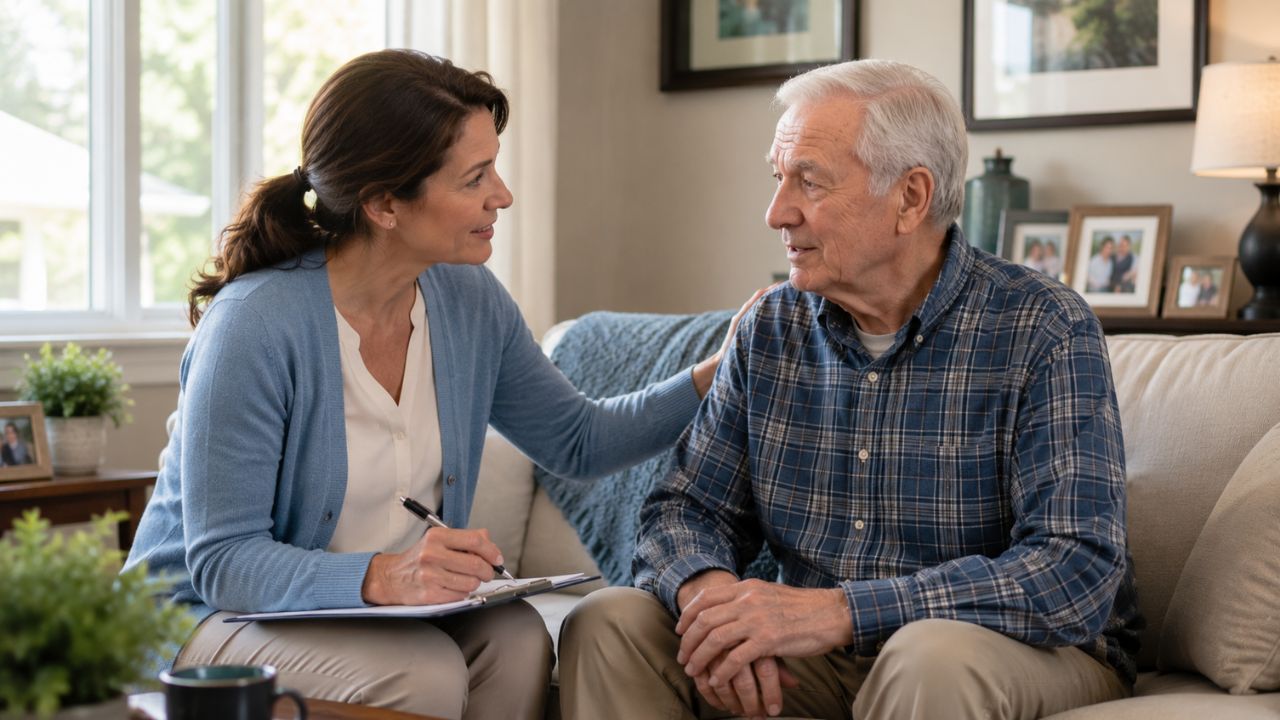 Senior parent talking to a care planner