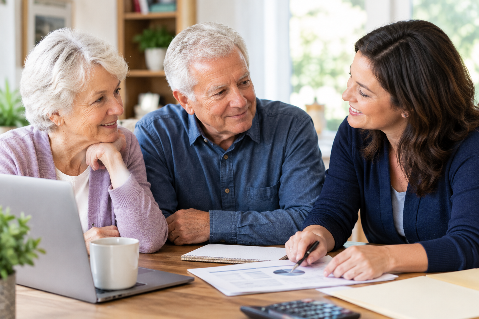 An older couple sits at a table with a professional woman who is pointing at a financial chart, explaining documents to them. They all look engaged and positive during this financial planning session as they review options for their home care budget.