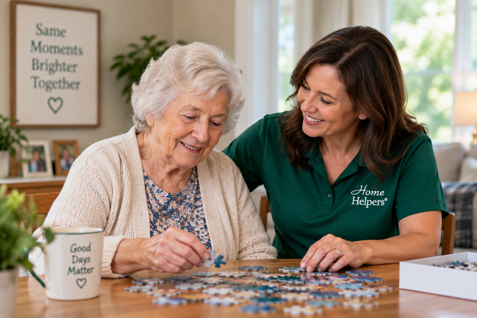 An elderly woman and a younger woman work on a jigsaw puzzle together at a table. The younger woman wears a Home Helpers shirt and smiles. A mug says Good Days Matter, and a sign in the background reads, Same Moments Brighter Together..