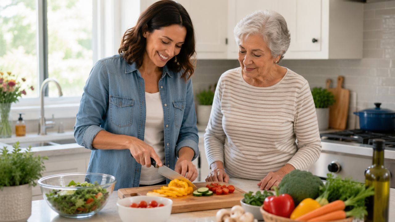 Helping senior with High Blood Pressure in preparing meal at home